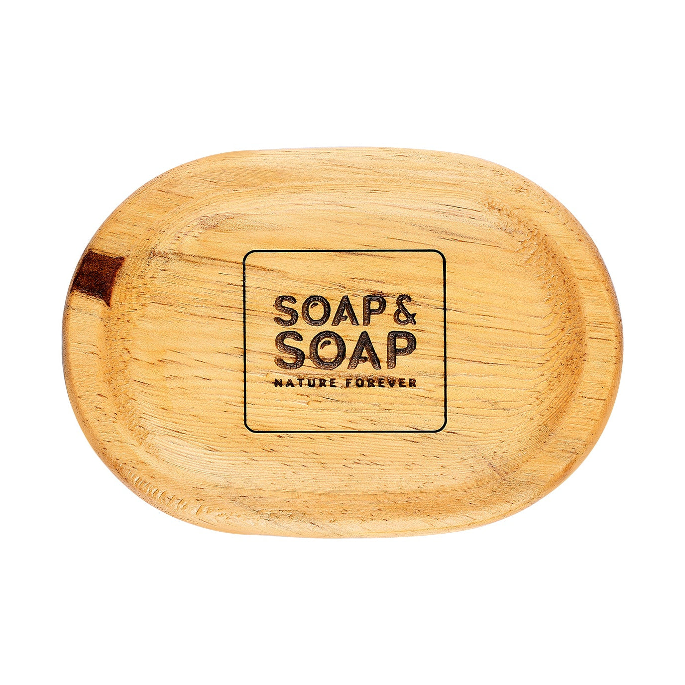 Bar of soap in a wooden dish with 'SOAP & SOAP' branding on a white background