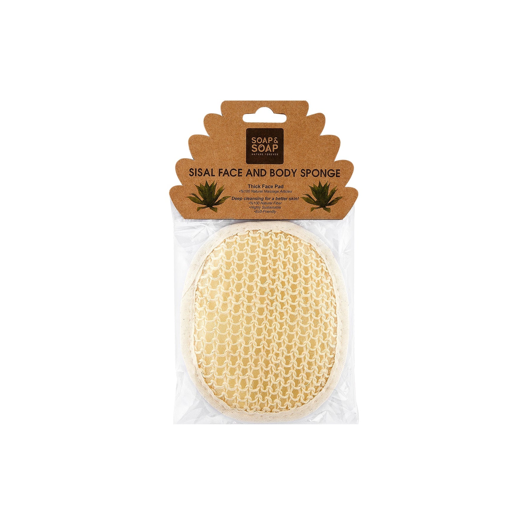 Sisal face and body sponge in packaging with brand label on a white background
