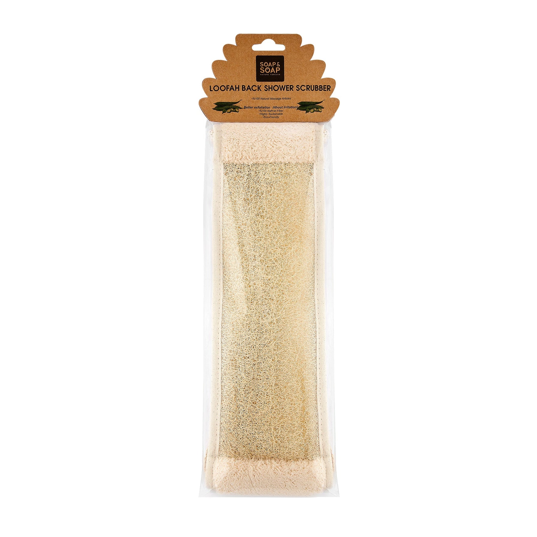 Packaged loofah back scrubber with a visible brand label on a white background