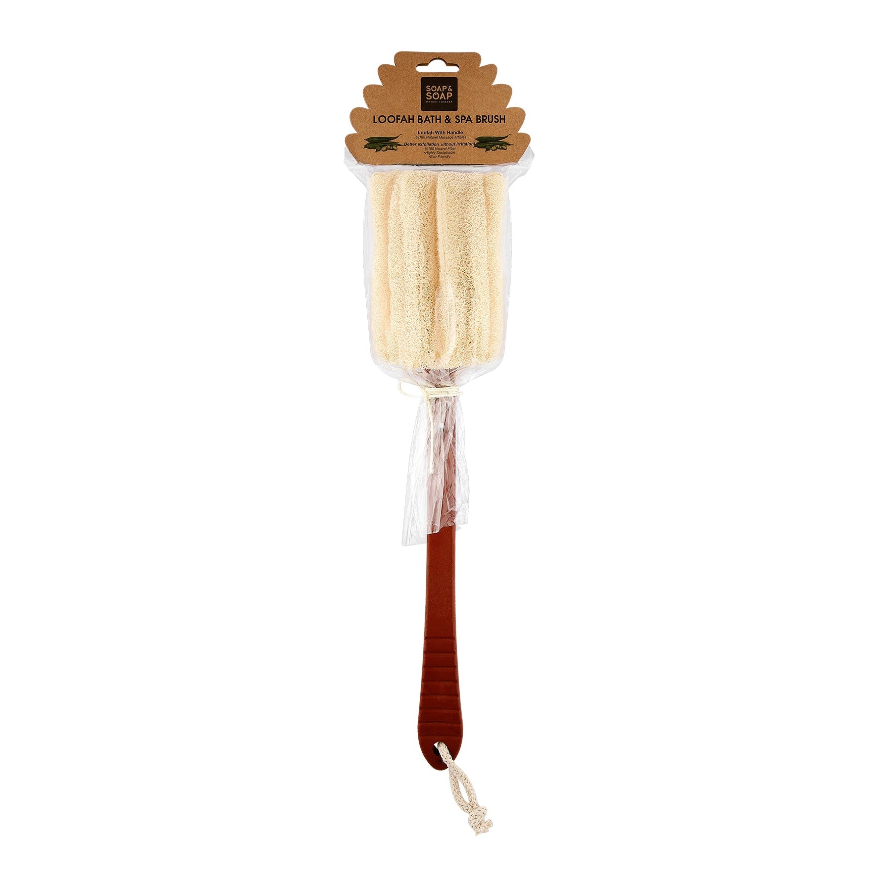 Body brush with brown handle and packaging on a white background