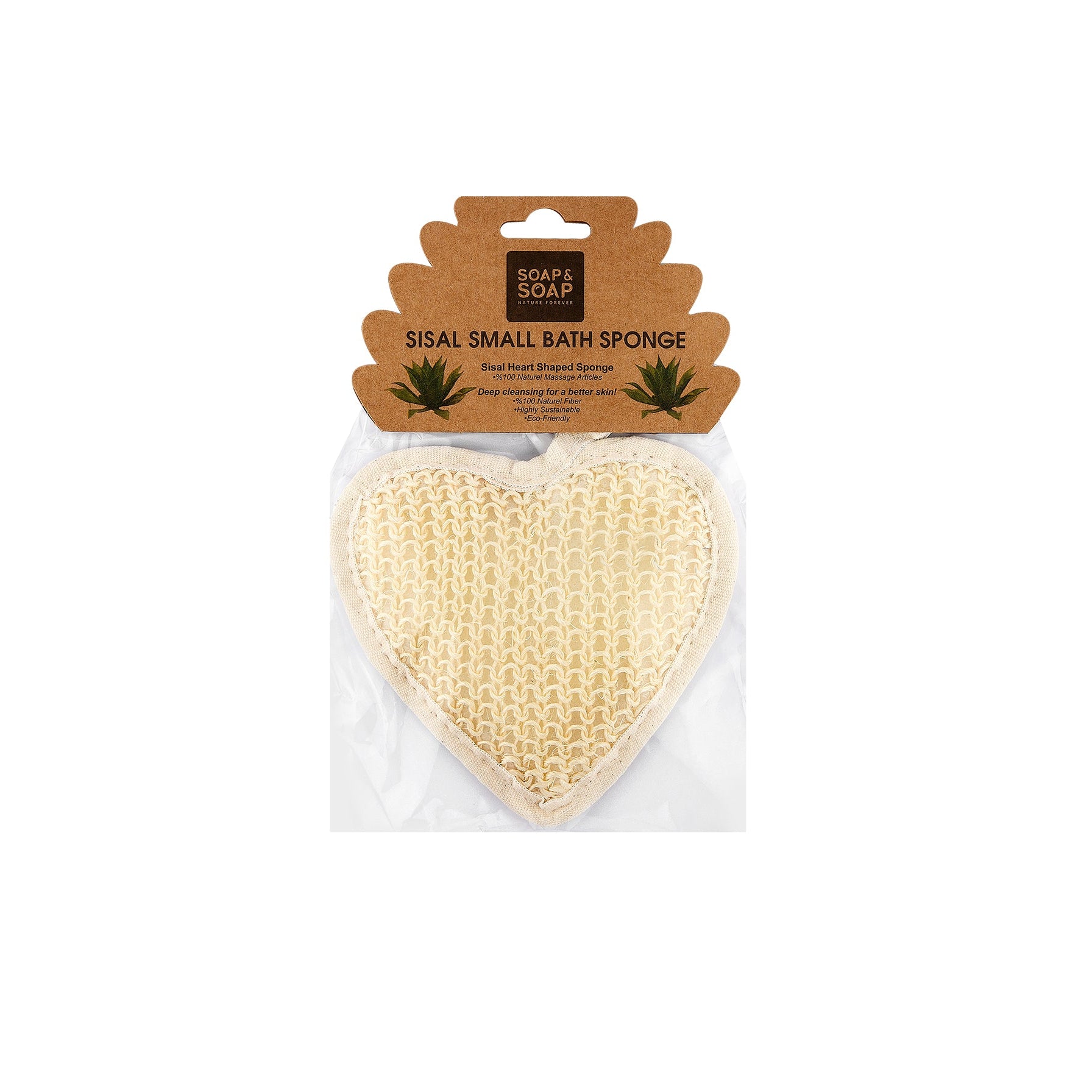 Heart-shaped sisal bath sponge in packaging with brand label on a white background