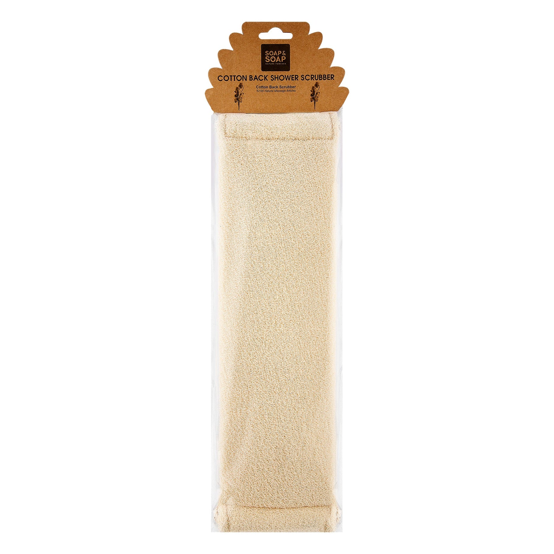 Beige bath scrubber in packaging with a visible brand label on a white background