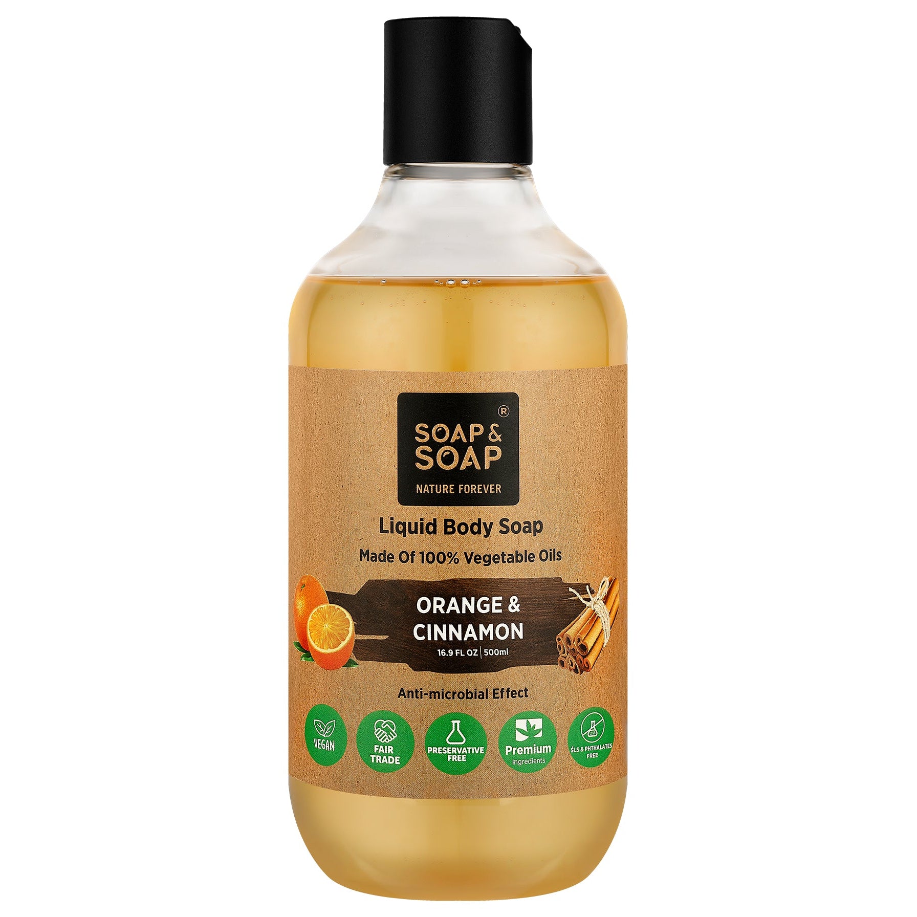 Bottle of Soap & Soap Orange & Cinnamon liquid body soap on a white background