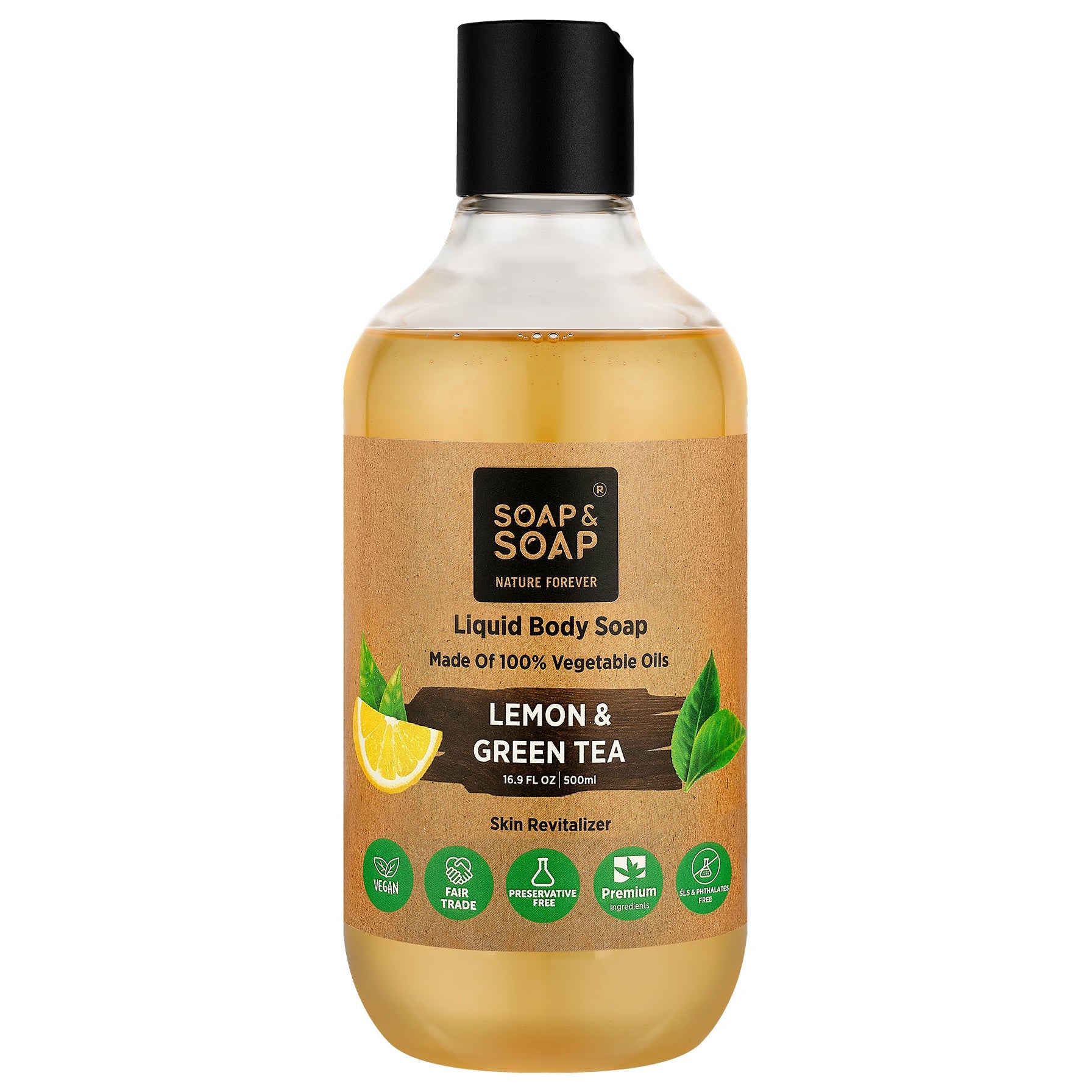 Bottle of lemon and green tea liquid body soap on a white background