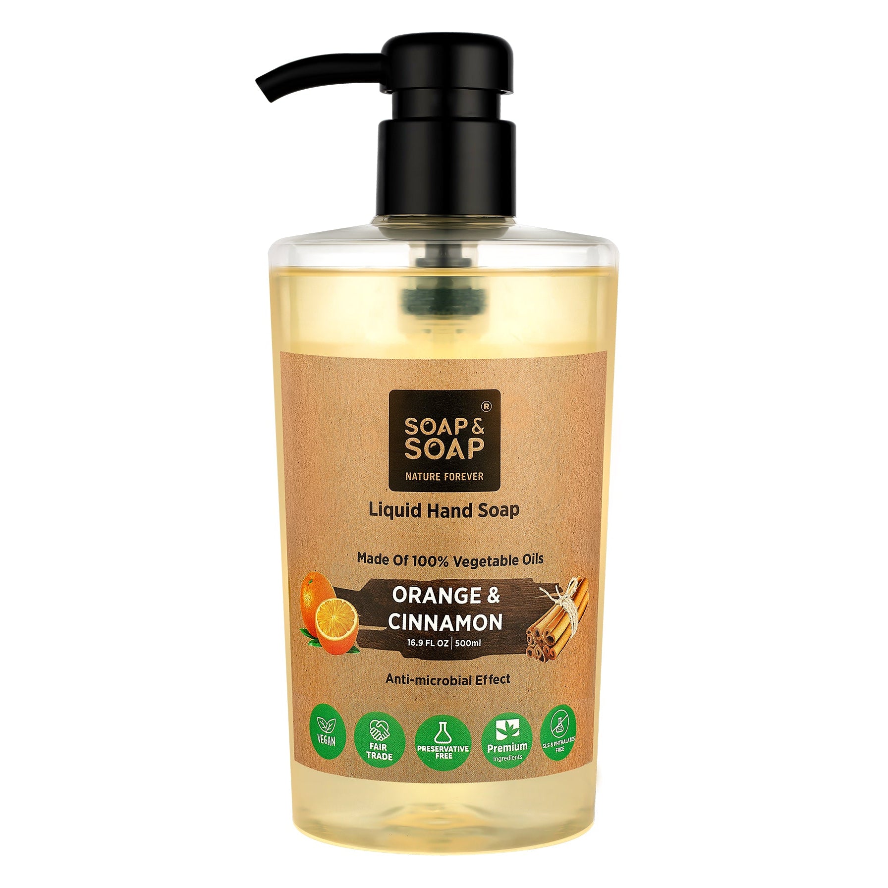 Soap & Soap liquid hand soap bottle with pump for orange and cinnamon scent on a white background
