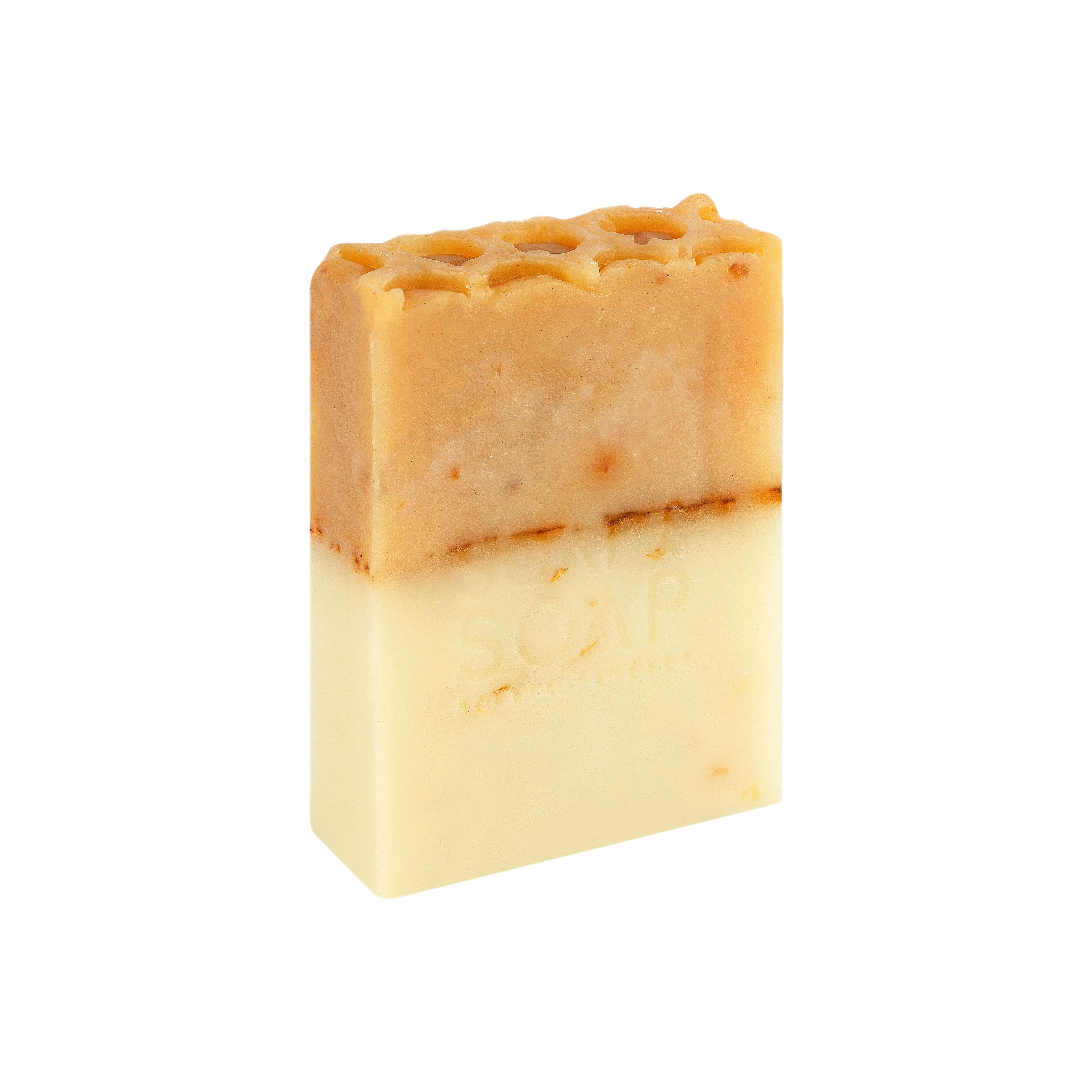 A bar of handmade oats and honey soap with a white and yellowish color, with visible oatmeal and honey chunks embedded within the bar.