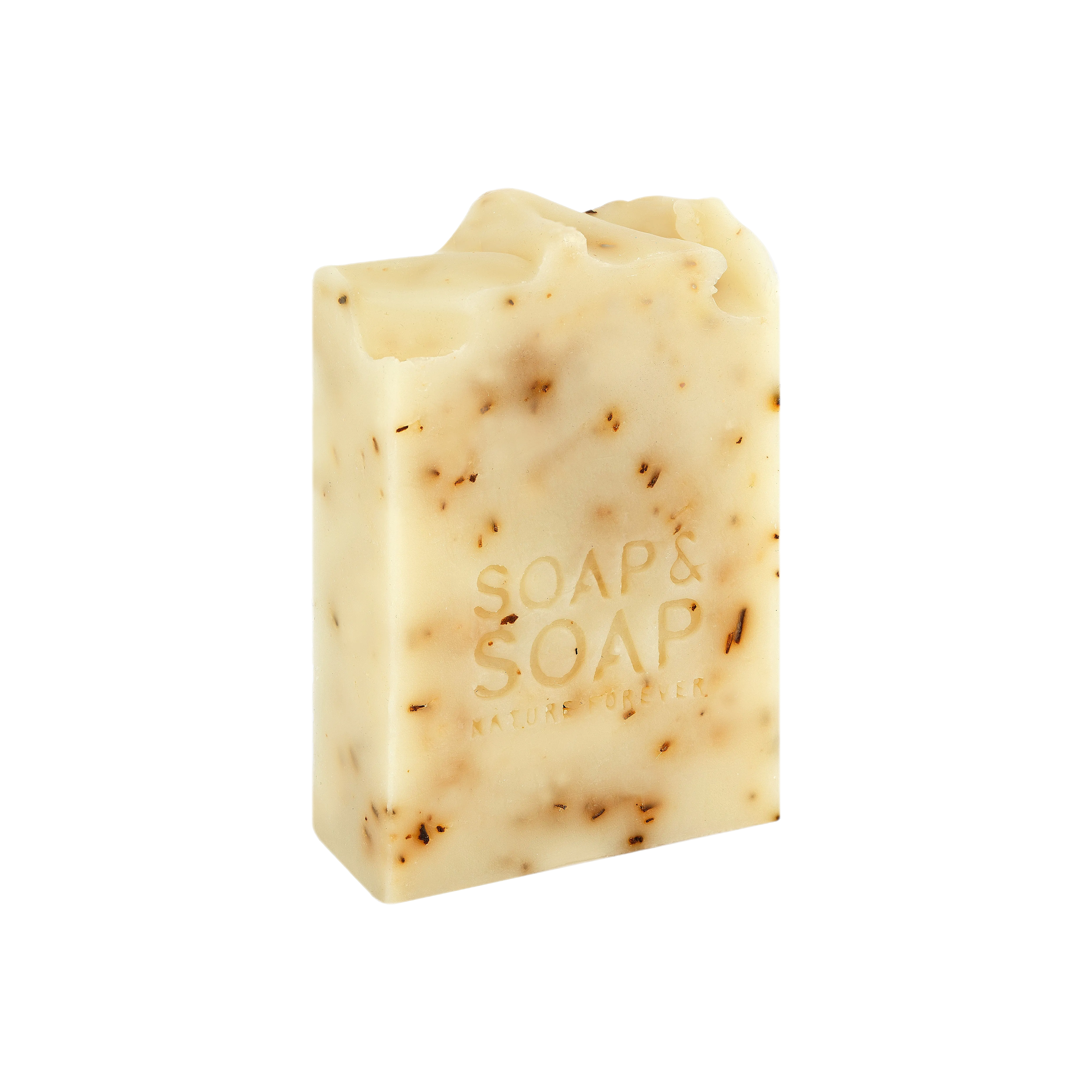 A bar of handmade soap with a label that reads 'Soap & Soap' and textured with natural oils.