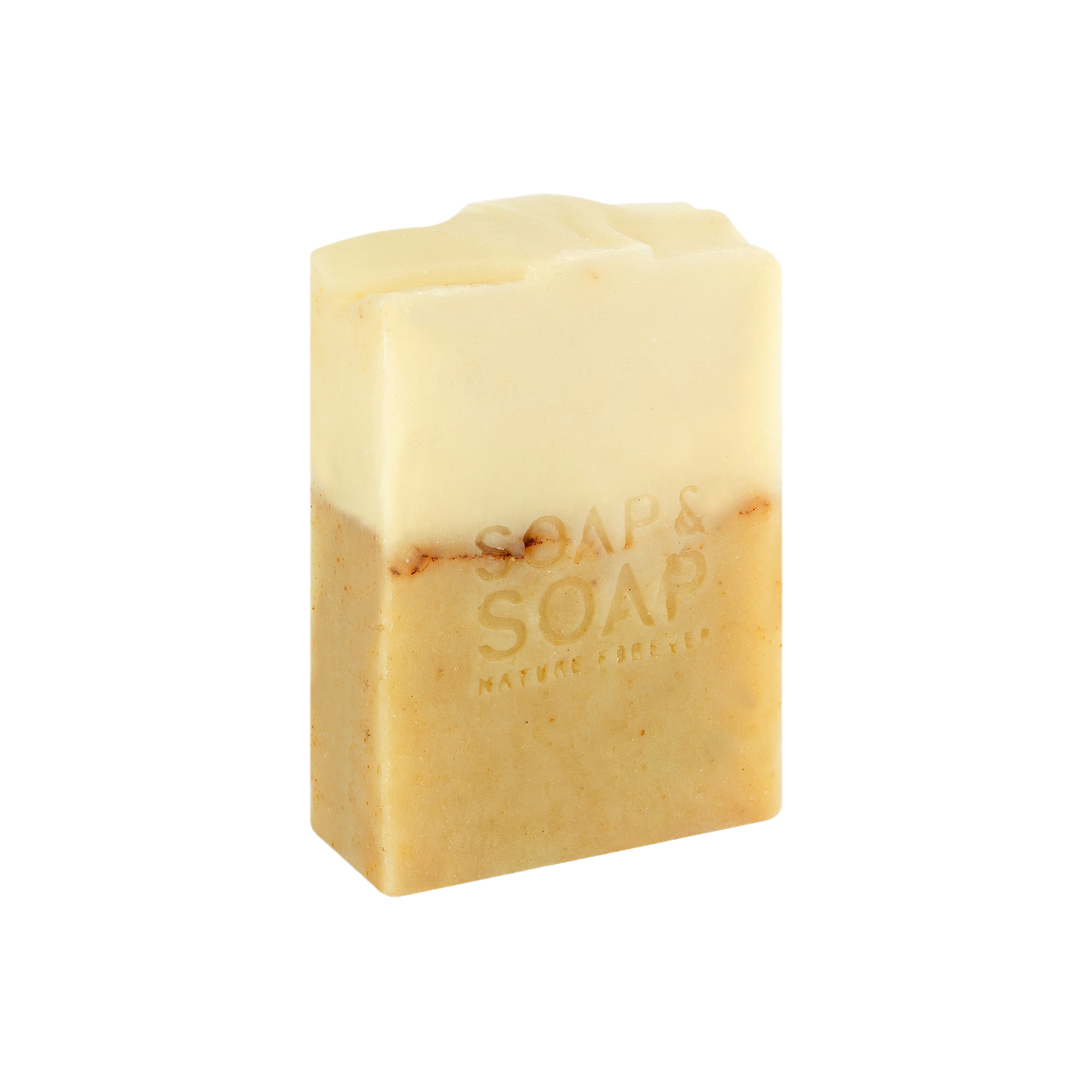 A bar of handmade soap with a white and yellowish color scheme, with 'SOAP & SOAP' branding on it.