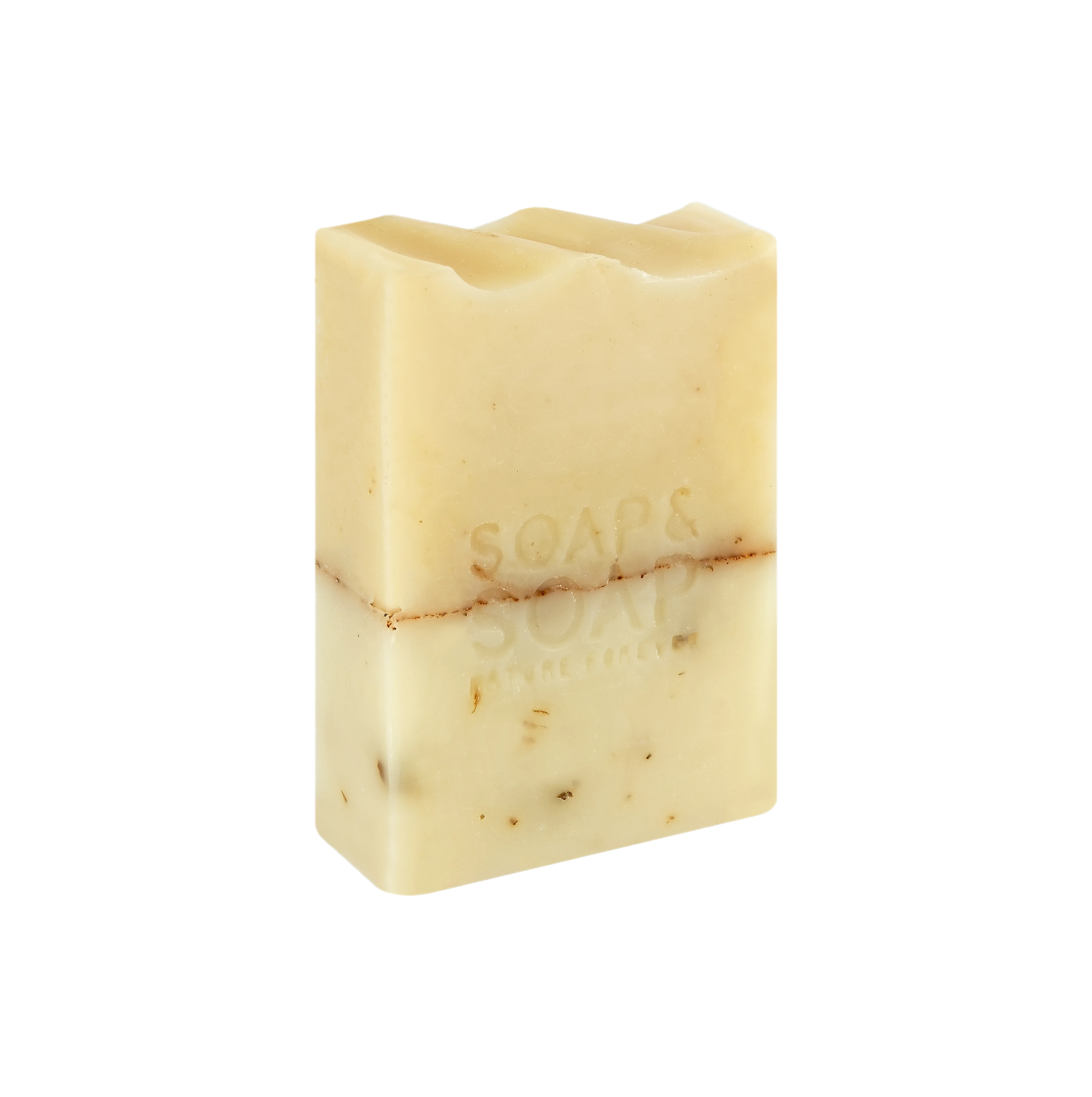 A bar of handmade nettle soap with a white and yellowish color, with visible nettle leaves embedded within the bar.