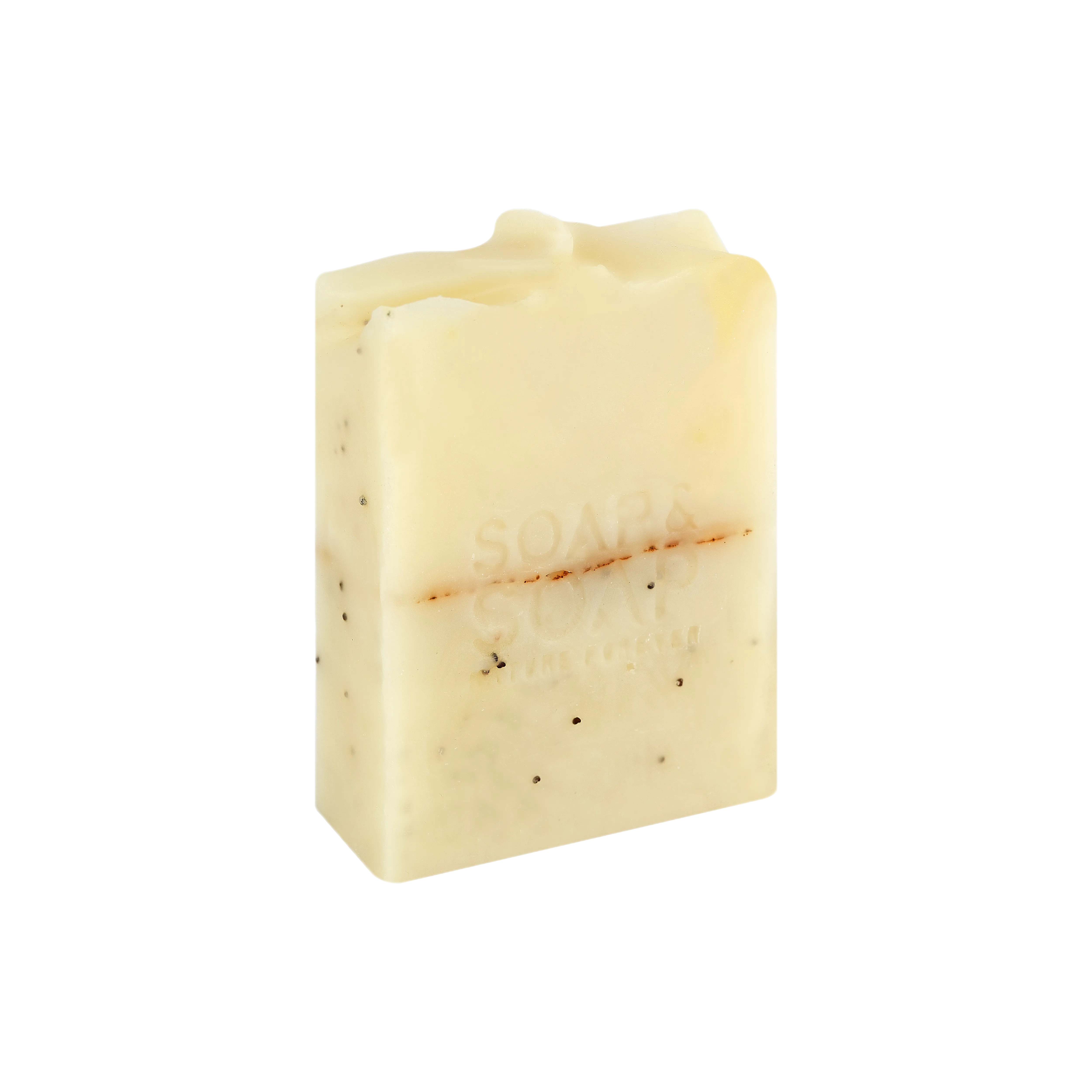 A bar of handmade natural soap with lemon, displaying a creamy white color with specks of natural ingredients.