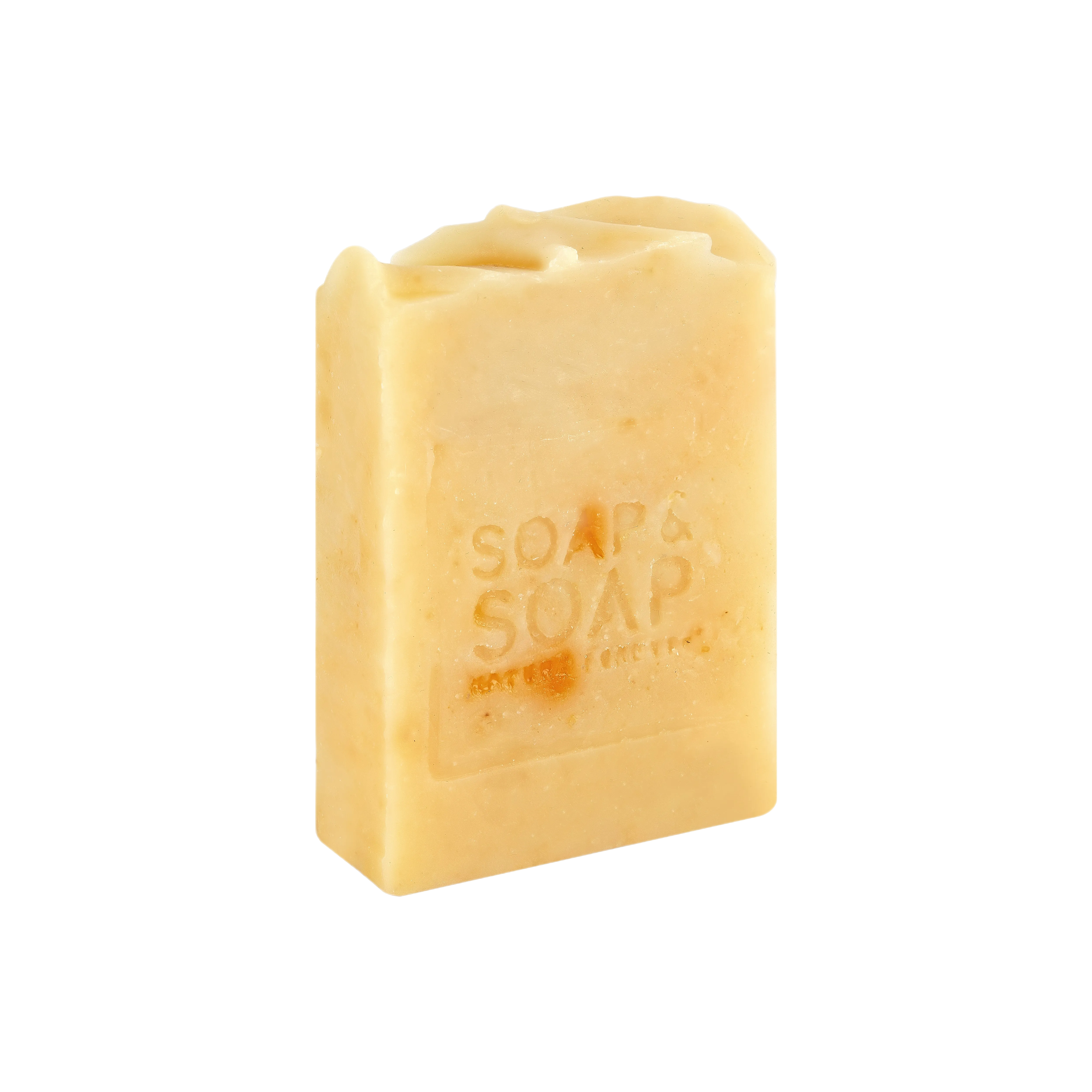 A bar of handmade soap with the label 'SOAP BAR' embossed on it, primarily in a beige or light brown color.