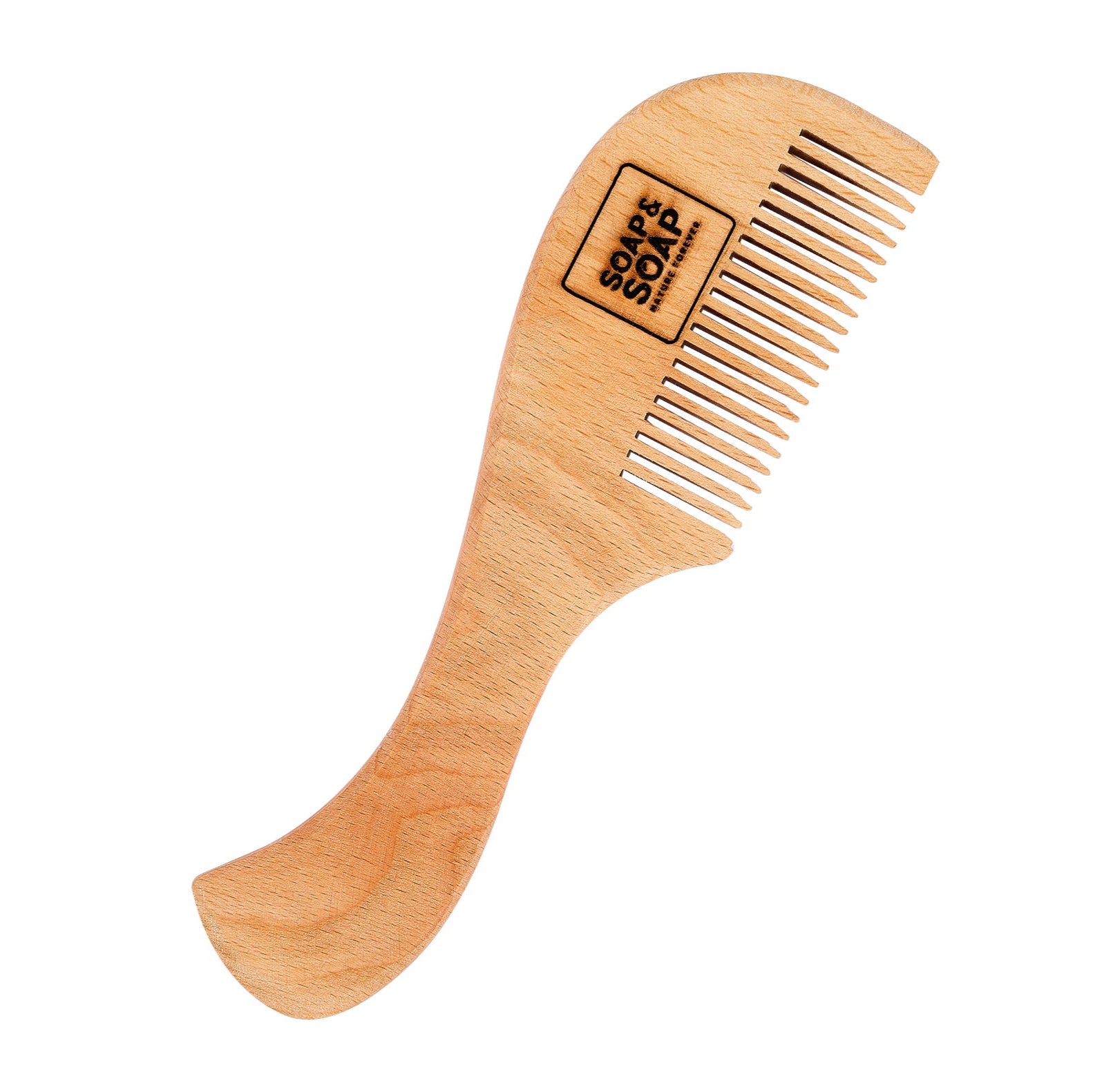 Wooden comb with a logo on a white background