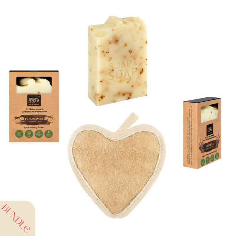 Anti-Stress Aromatherapy Pack – Lavender, Rosemary & Chamomile-Inspired Herbal Soaps + Loofah – Calming Natural Spa Set
