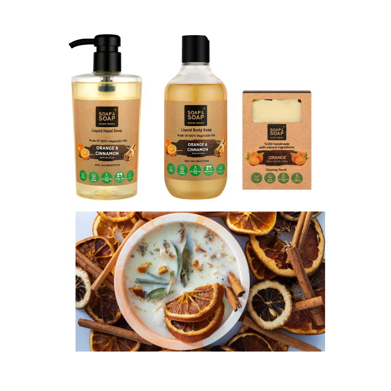 4-Piece Warm & Cozy Aromatherapy Collection Handmade Bar Soap, Orange Cinnamon Body Wash, Orange Cinnamon Hand Wash & Aromatherapy Candle – Warm Spiced Citrus Gift Set for Fall, Winter & Holidays