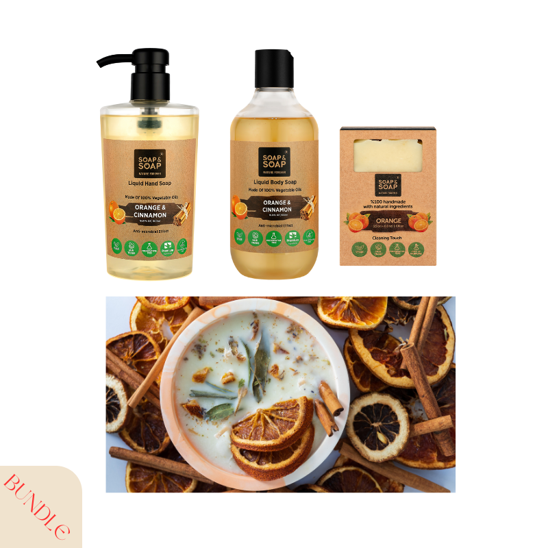 4-Piece Warm & Cozy Aromatherapy Collection Handmade Bar Soap, Orange Cinnamon Body Wash, Orange Cinnamon Hand Wash & Aromatherapy Candle – Warm Spiced Citrus Gift Set for Fall, Winter & Holidays
