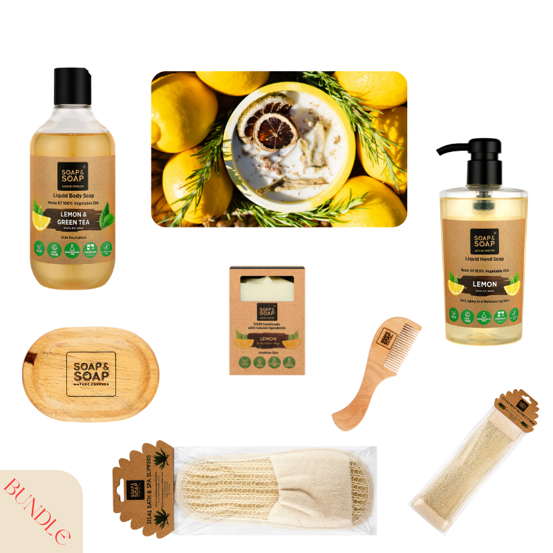 Lemon Luxe Spa Retreat – Lemon Soap Bar, Lemon & Green Tea Body Wash, Lemon Hand Wash, Lemon Candle + Sisal Spa Slippers, Wooden Comb, Wooden Soap Holder & Loofah Back Shower Scrubber – Premium Citrus Spa Gift Set