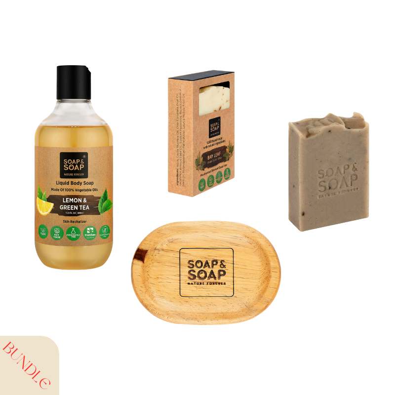 Men’s Grooming Shower Set – Black Seed & Bay Leaf Handmade Soaps + Lemon & Green Tea Body Wash + Premium Wooden Soap Holder – Natural Deep-Cleansing Gift for Him