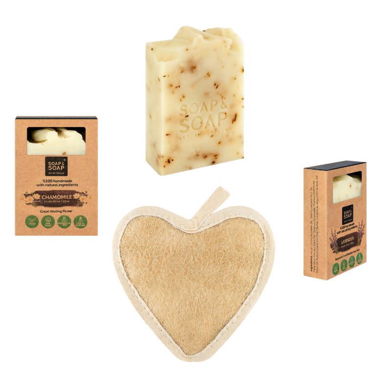 Anti-Stress Aromatherapy Pack – Lavender, Rosemary & Chamomile-Inspired Herbal Soaps + Loofah – Calming Natural Spa Set