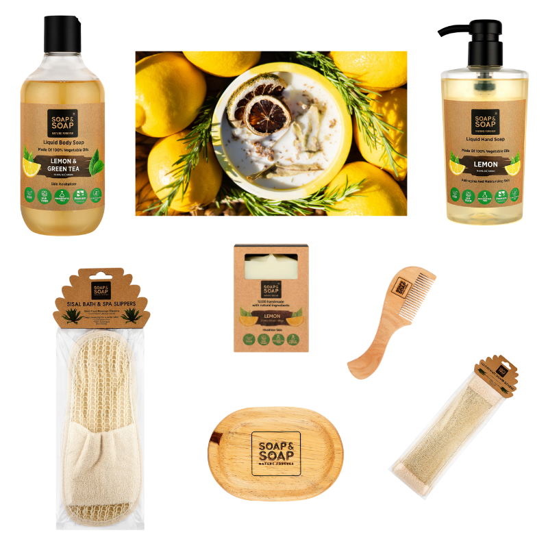 Lemon Luxe Spa Retreat – Lemon Soap Bar, Lemon & Green Tea Body Wash, Lemon Hand Wash, Lemon Candle + Sisal Spa Slippers, Wooden Comb, Wooden Soap Holder & Loofah Back Shower Scrubber – Premium Citrus Spa Gift Set