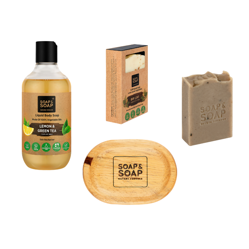 Collection of Soap & Soap products including a bottle, bar, and soap dish on a white background.