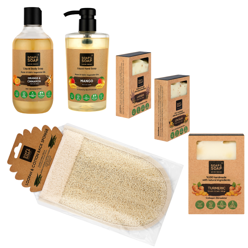 Ultimate Body Care Basket – Lavender, Turmeric & Centuary Handmade Soaps + Cinnamon & Orange Body Wash + Mango Hand Wash + Loofah – Luxury Natural Spa Gift Set